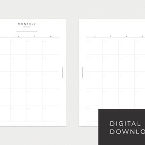 May include: Two blank monthly calendar pages with the text "MONTHLY calendar" at the top of the left page. The pages are divided into seven columns for each day of the week and six rows for each week of the month.