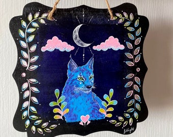 Blue Moonlight Lynx Cat Acrylic Painting on Wooden Wall Hanging - 22cm | Big Cat Painting | Celestial | Wildlife Art