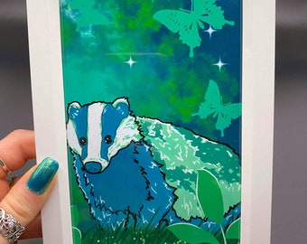 Whimsical Badger and Butterflies Art Print | Blue and Green | 6x4 inches | Optional White Frame