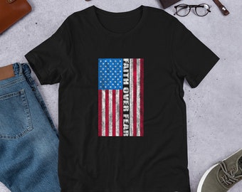 Faith Over Fear Vintage USA Flag T-Shirt (Shipped from USA, UK )