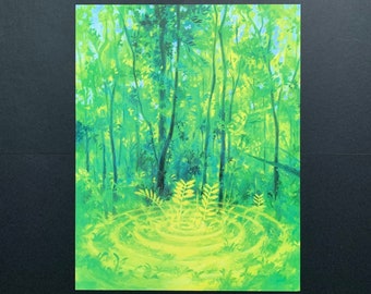 May include: A painting of a lush green forest with a bright yellow light emanating from the center of the image. The light creates a circular pattern on the ground.
