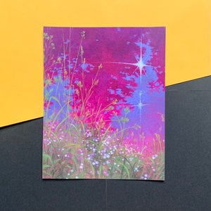 May include: A painting of a purple and blue landscape with a reflection of a star in the water. The landscape is filled with tall green grass and small white flowers.