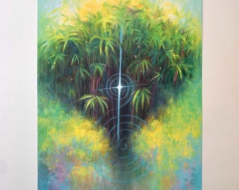 May include: A painting of a lush green forest with a bright white light shining through the trees and reflecting in a pool of water below. The water has a blue hue and ripples radiating outward from the light source.