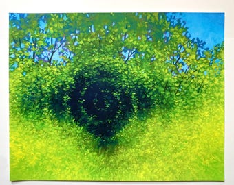 May include: A rectangular art print featuring a vibrant landscape painting of a lush green bush with a dark, swirling spiral pattern at its center. The scene includes bright yellow-green foliage in the foreground and a clear blue sky above.