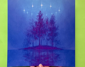 May include: A watercolor painting of a group of trees on a small island in a lake. The trees are a deep purple color and the lake is a dark blue. The sky is a light blue with white stars.