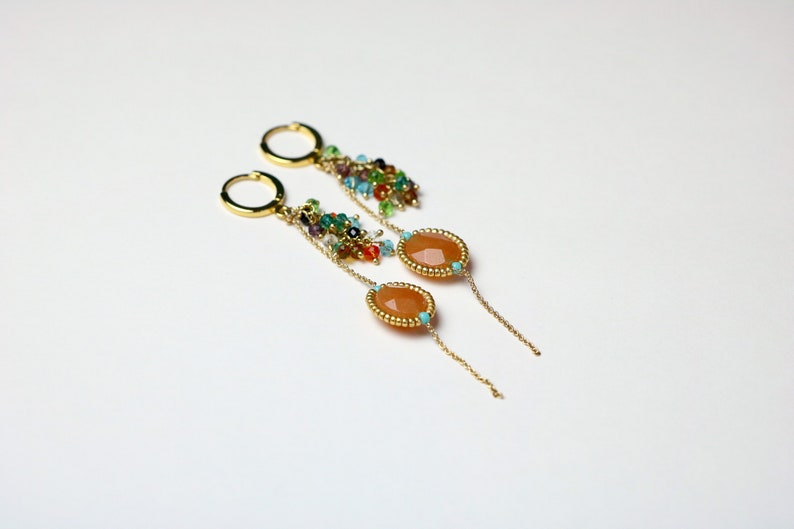 gold buckle Stone earrings gold filled chain pearl earrings long earrings chic bohemian creation orange aventurine stone gift