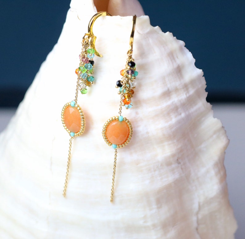 gold buckle Stone earrings gold filled chain pearl earrings long earrings chic bohemian creation orange aventurine stone gift