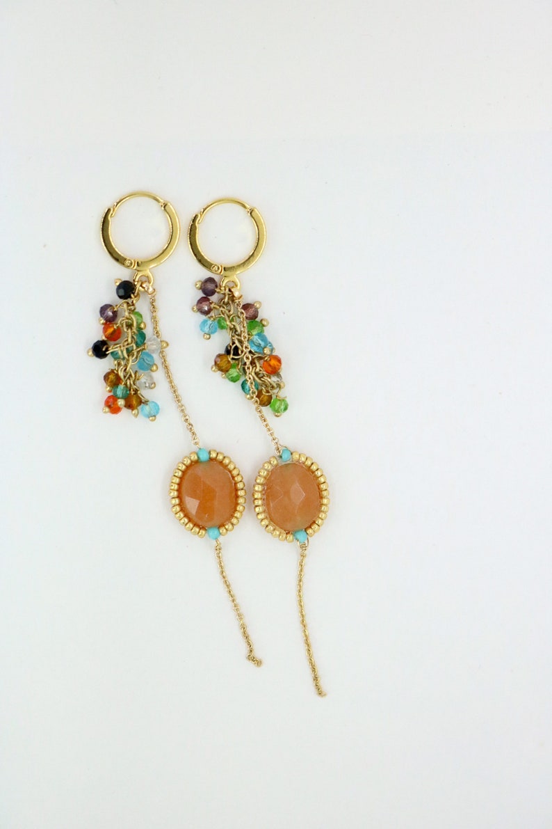 gold buckle Stone earrings gold filled chain pearl earrings long earrings chic bohemian creation orange aventurine stone gift