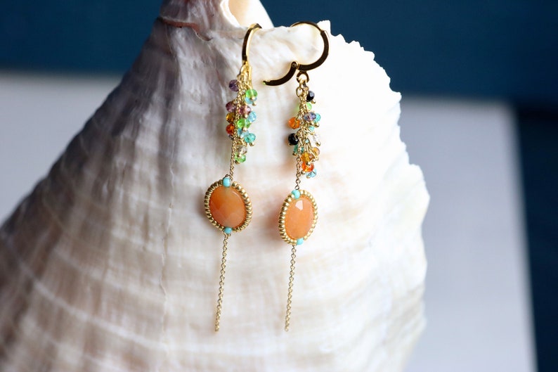 gold buckle Stone earrings gold filled chain pearl earrings long earrings chic bohemian creation orange aventurine stone gift