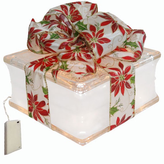 Sheer Gold Ribbon Holiday Decoration Lighted Glass Block with 4/" White Border