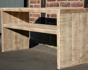 Console made of recycled, old lumber, washbasin,