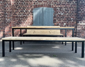 Dining table with benches made of recycled lumber, steel frame, industrial design, terrace table, dining room combination, table, bench, bench with backrest