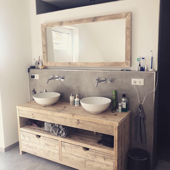 Waschplatz Waschtisch/Waschbeckenunterschrank recyceltes Bauholz für Aufsatzwaschbecken Bad, upcycling Massivholz handmade Holz