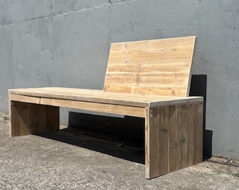 Bench, half-back bench, garden bench, kitchen bench made from recycled, old construction timber, scaffolding planks,