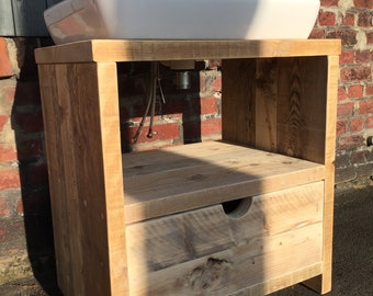 Washing area, washbasin, vanity unit, recycled timber for countertop washbasins, bathroom, upcycling, solid wood, reclaimed wood washbasin