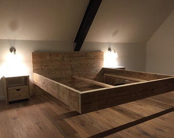 Floating timber bed with straight headboard, recycled, bedroom