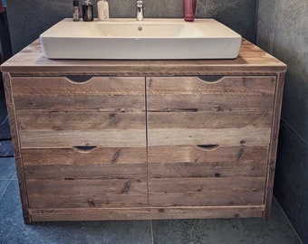 Washing area vanity unit/sink base cabinet recycled old wood, construction wood for countertop bathroom sinks, upcycled solid wood handmade wood