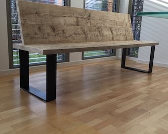 Banco con respaldo reciclado, madera vieja, tablones de andamio, corredores de acero, diseño industrial, madera maciza, individual, banco de cocina, asientos, banquillo de jardín