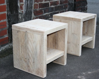 PAIR of construction timber side tables, bedside tables, stools