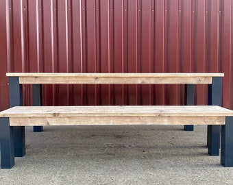 Dining table with bench made of recycled old wood, timber, steel frame, industrial design, patio table, table, bench, dining table,