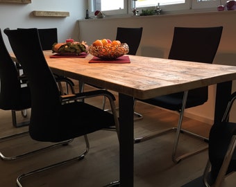Timber - dining table, industrial design, flat steel skids, table top timber recycled