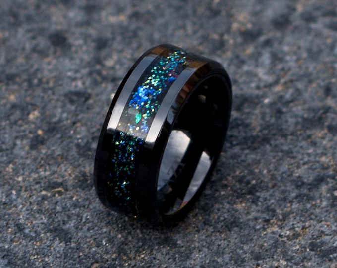 Galaxy opal ring with green zirconia. Black ceramic black tungsten ring black engagement ring wedding ring ceramics