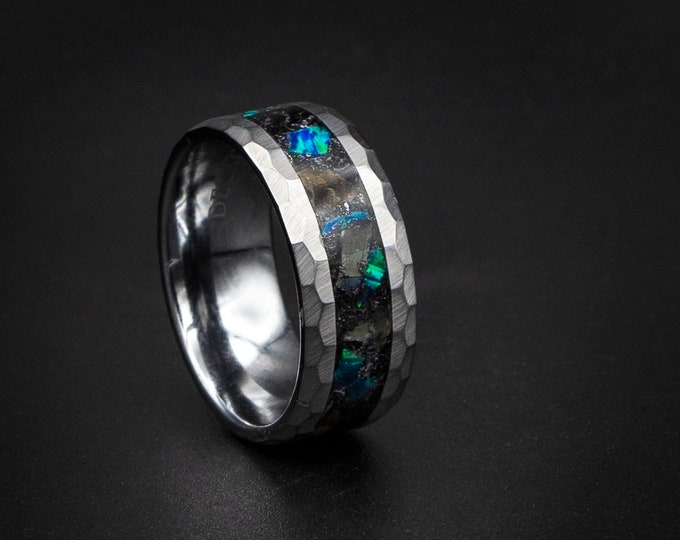 Tungsten ring with megalodon tooth inlay, dinosaur ring, unique mens ring, Opal tungsten ring. opal ring,