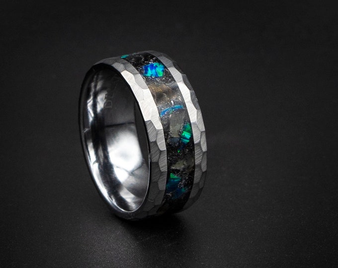 Tungsten ring with megalodon tooth inlay, dinosaur ring, unique mens ring, Opal tungsten ring. Opal ring,