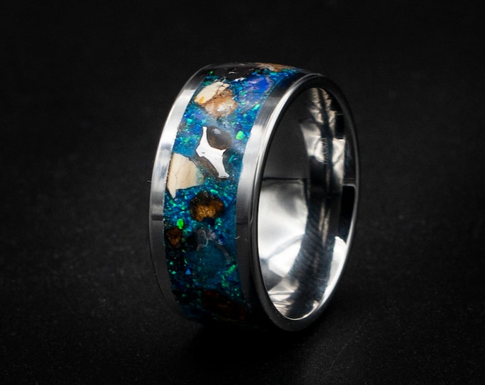 Mens tungsten ring, mens wedding band, T-rex, dinosaur bone ring, metorite mens ring, opal ring, meteorite ring men, wedding band mens.