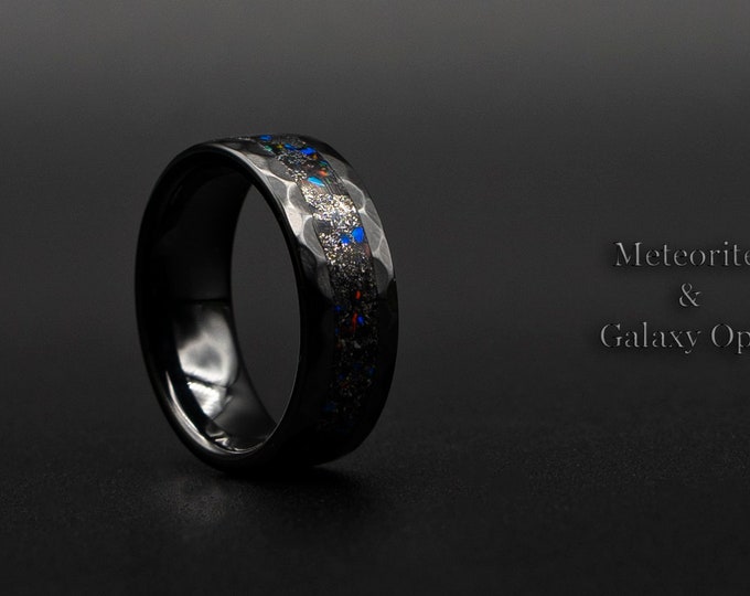 Galaxy opal ring, Black ceramic ring, galaxy ring jewelry, meteorite ring etsy, custom opal ring, hammered rings for men, mens opal ring.