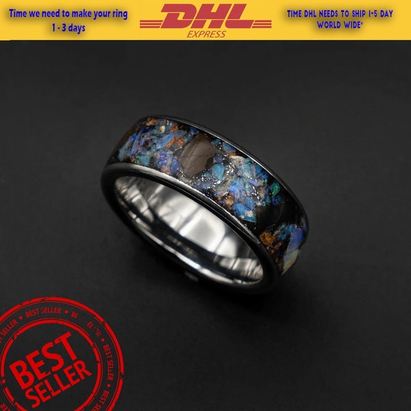 dinosaur bone, mens promise ring, Unique, dinosaur fossil, opal ring, meteorite ring, tungsten ring, meteorite ring men, Australian opal,