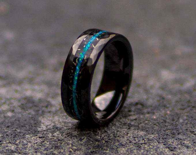 Handmade Black faceted ceramic ring, wedding, mens wedding band, opal ring, tungsten ring, meteorite, meteorite ring, ceramic ring.