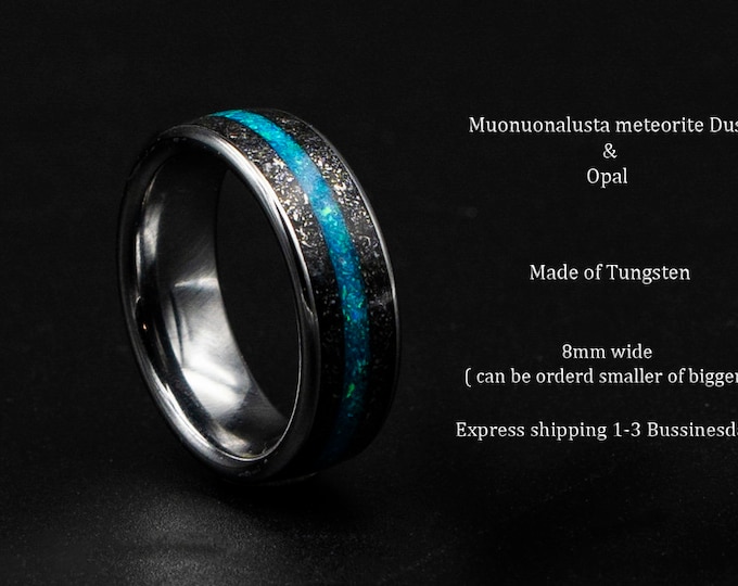 Meteorite opal ring, Tungsten mens ring, mens wedding band, opal engagement ring, wedding band mens, turquoise opal ring, gift for him,