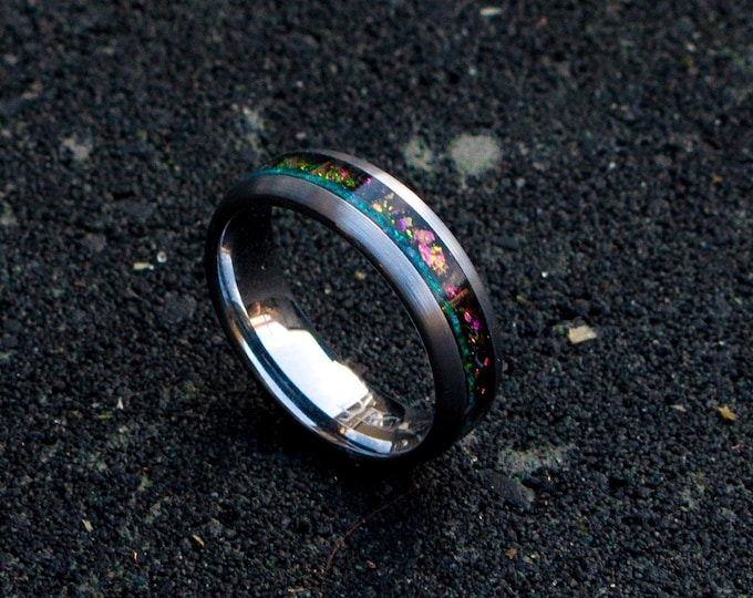 mens opal ring. Galaxy opal. Tungsten ring for men. meteorite opal ring. domed ring. wedding band men. ring with opal inlay