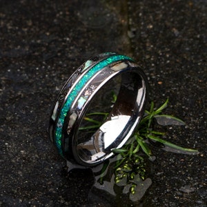 Triple Inlay Tungsten Ring, Meteorite Inlay, Opal Inlay, Abalone Shell Inlay, Unisex Wedding Band, Custom Wedding Ring