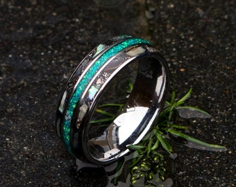 Triple Inlay Tungsten Ring, Meteorite Inlay, Opal Inlay, Abalone Shell Inlay, Unisex Wedding Band, Custom Wedding Ring
