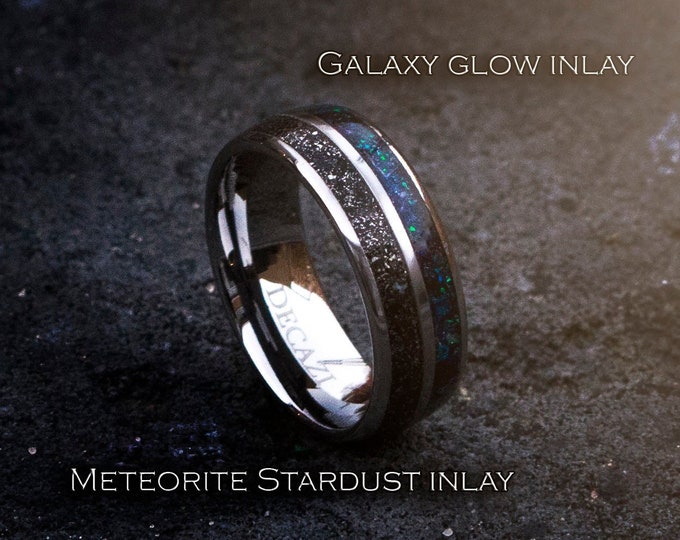 Double Inlay Tungsten Ring, Meteorite Inlay Wedding Band, Unisex Wedding Ring, Galaxy Wedding Band