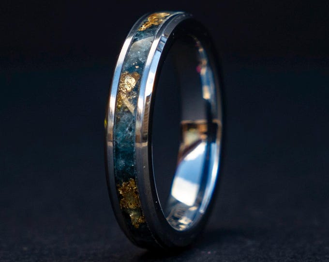 Unique 4mm Tungsten Ring Featuring Aquamarine and Gold Leaf Design - | Decazi