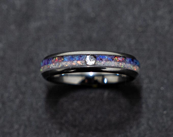 Tungsten Silver Band Ring Anime Inspired “Capture Ball” 4 mm – Purple + Pink Opal Inlay – CZ Accent – Aqua Glow – Comfort Fit