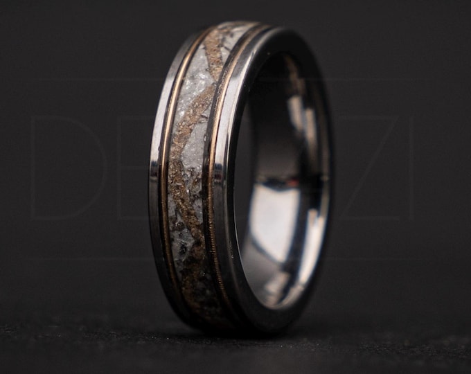 Trex/Spinosaurus Real Dinosaur bone and Meteorite ring, Handmade jewelry, Mens wedding ring unique