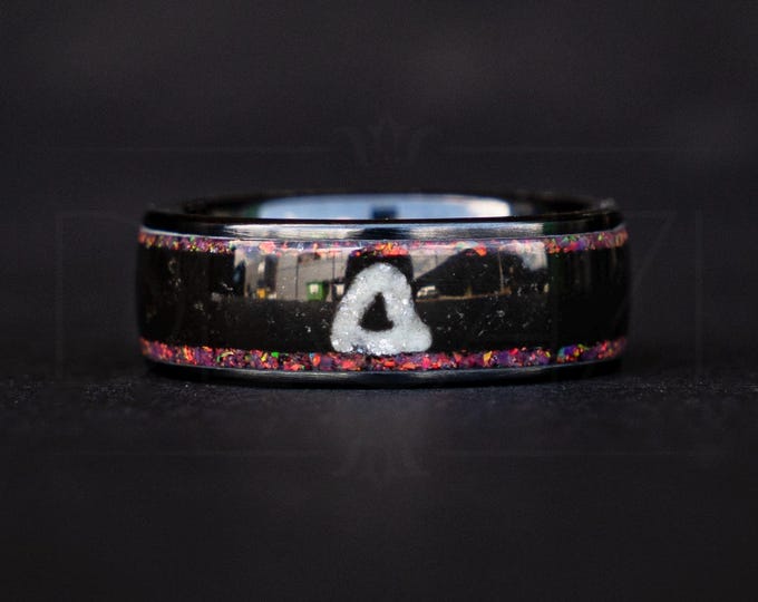 Black Ring with Pink Opal and White Triangle Symbol – Dark Geometric Aesthetic Jewelry, Drama Aesthetic Jewelry, Geometric Gamer