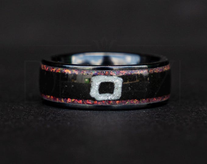 Black Statement Ring with Pink Opal & White Square Symbol, Geometric Gamer-Inspired Jewelry, Drama Jewelry, Cosplay Inspired