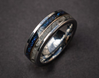 Moonstone mixed with Muonionalusta meteorite with Galaxy Opal ring and 18K goldwire, Moonstone Tungsten Ring, Meteorite ring, moon ring 6 mm