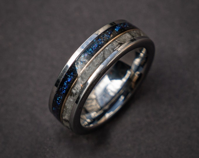 Moonstone mixed with Muonionalusta meteorite with Galaxy Opal ring and 18K goldwire, Moonstone Tungsten Ring, Meteorite ring, moon ring 6 mm