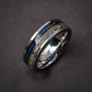 Moonstone mixed with Muonionalusta meteorite with Galaxy Opal ring and 18K goldwire, Moonstone Tungsten Ring, Meteorite ring, moon ring 6 mm
