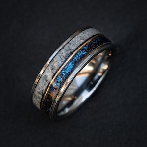 Moonstone with Galaxy Opal ring and 18K goldwire, Men's Wedding Band, Moonstone Tungsten Ring, Rainbow moonstone, moon ring, Unique ring