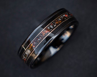 Dinosaur Bone Trex Red Opal Meteorite Ceramic Ring, Men's Wedding Band, Meteorite ring, Dinosaur Bone Fossil Ring, Handmade Jewelry | Decazi