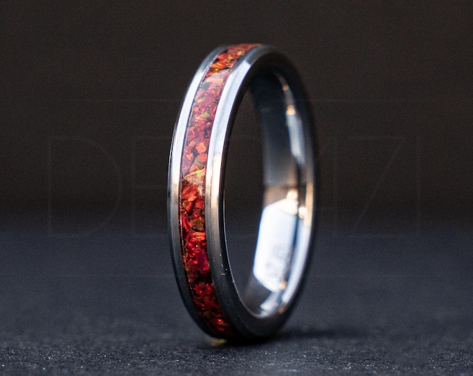 Tungsten 4mm Minimalist Engagement Ring, Ruby Red opal Wedding Band, Womens Ring, Thin Silver Tungsten Ring, Womens Wedding Band | Decazi