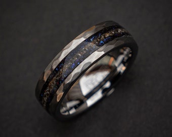Galaxy Opal Trex Dinosaur Bone Hammered Tungsten Ring, Dinosaur Bone Ring, Mens Ring, Unique Ring, Handmade Jewelry, Handmade Gift