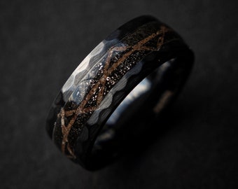 Meteorite Dinosaur Bone Ring, Dinosaur Bone Ring, Meteorite Ring, Dinosaur Bone Wedding Ring, Mens Wedding Band, Handmade Jewelry | Decazi